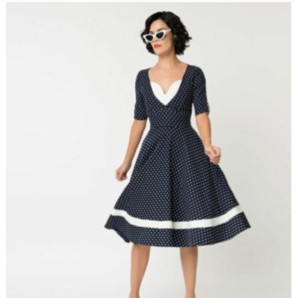 Unique Vintage 50's Style Serena Navy Blue Polka Dot Circle Swing Dress